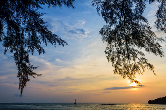 美丽的自然景<strong>观色</strong>彩斑斓的的太阳的天空塔鲁陶岛海滩在的日落在的安达曼海下的树影子塔鲁陶国家公园satun泰国日落在的海塔鲁陶岛泰国