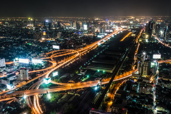 高角视图景观晚上场景城市景观看到的明亮的光灯泡的高速公路摩天大楼路和地平线住宅建筑曼谷的资本城市泰国亚洲高视图晚上场景曼谷泰国