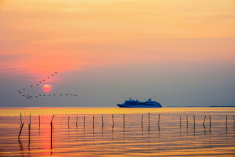 旅行邮轮船的海洋大奢侈品乘客船航行的海群鸟飞行行色彩斑斓的天空美丽的自然景观红色的太阳日落日出背景旅行邮轮船的海洋日落