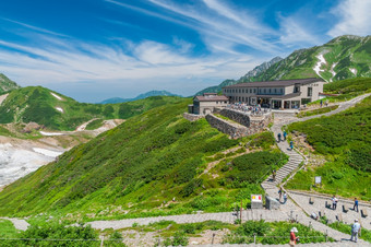 立山日本8月身份不明的游客走沿着山观光路线立山黑部高山路线日本阿尔卑斯山脉立山日本