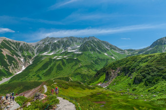 立山日本8月身份不明的游客走沿着山观光路线立山黑部高山路线日本阿尔卑斯山脉立山日本
