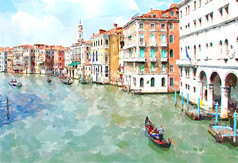 摘要水彩数字生成的绘画的主要水运河房子和贡多拉威尼斯意大利