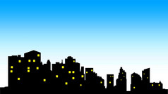 城市中心天际线与黑色的建筑轮廓黄色的照明窗户和蓝色的天空