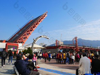 釜山南韩国11月<strong>永</strong>道大桥的<strong>第一</strong>个和只有吊桥南韩国有成为著名的具有里程碑意义的釜山