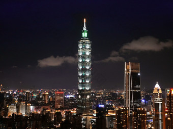 台北城市与台北塔信义商业区晚上台北台湾