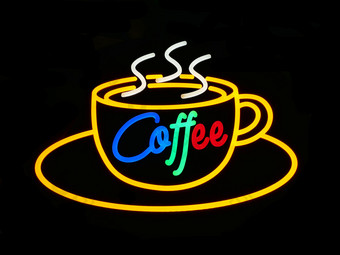杯咖啡霓虹灯标志黑色的背景概念咖啡房子咖啡馆餐厅