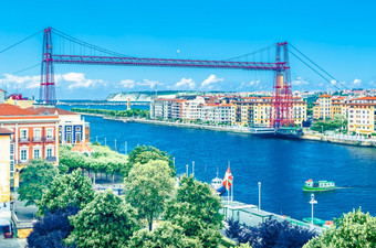 色彩斑斓的插图比斯开亚省桥<strong>转运</strong>体桥那链接的城镇Portugalete和的西班牙建宣布世界遗产网站联合国教科文组织
