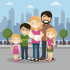 快乐家庭与父母三个孩子们和婴儿出生城市人向量插图