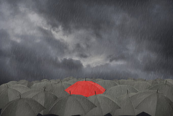 一个红色的伞包围黑色的雨伞的雨