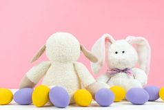 复活节一天小兔子兔子与装饰鸡蛋