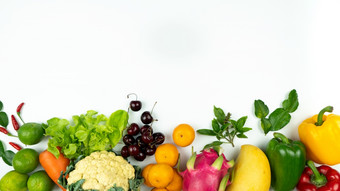 新鲜的水果和蔬菜平躺新鲜的生有机蔬菜白色背景