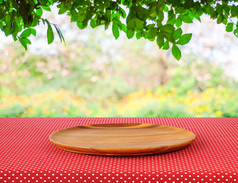 空轮木托盘红色的波尔卡点桌布在模糊树与散景背景产品显示蒙太奇