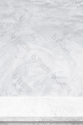 空白色水泥表格在灰色的水泥墙背景横幅表格前架子上计数器设计为产品显示蒙太奇