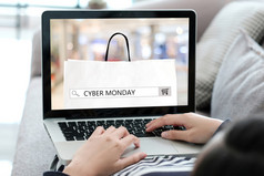 女人手打字移动PC电脑与网络周一出售搜索酒吧横幅背景在线购物业务和技术