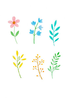 水彩插图艺术设计集春天色彩斑斓的花和绿色叶子水彩手pianting风格孤立的白色背景模式元素为邀请问候卡