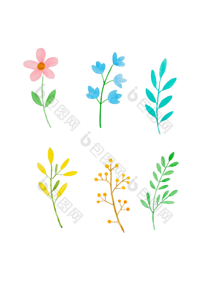 水彩插图艺术设计集春天色彩斑斓的花和绿色叶子水彩手pianting风格孤立的白色背景模式元素为邀请问候卡