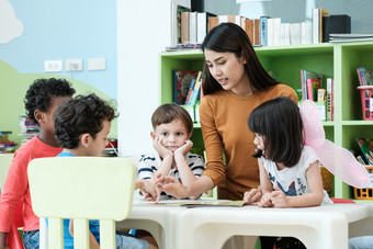 年轻的亚洲女人老师教学孩子们幼儿园教室学前教育教育概念