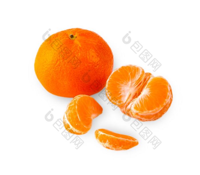 橘子去皮橘子和橘子片白色背景