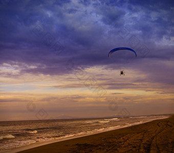 轮廓动力滑翔伞飙升的飞行在的海对日落天空