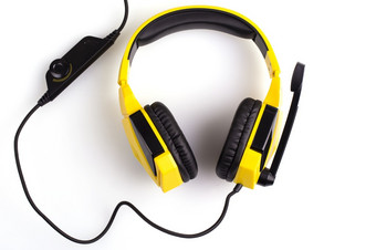 黄色的耳机与<strong>麦克风</strong>孤立的白色背景的黄色的耳机与<strong>麦克风</strong>孤立的白色背景