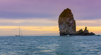 游艇附近的悬崖与巢海海鸥的太平洋海洋的游艇附近的悬崖与巢海海鸥的太平洋海洋