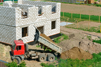 的挖掘机挖掘的地面的挖掘机作品桶土方机械的情况下的挖掘机作品桶房子下建设未完成的房子白色砖私人房子