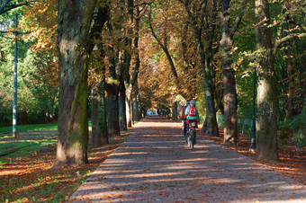 加里宁格勒俄罗斯9月骑自行车的人骑沿着的城市小巷骑自行车的人骑沿着的城市小巷