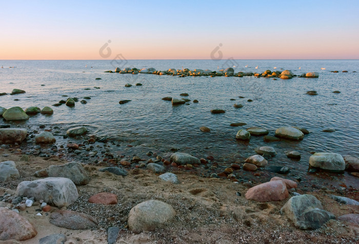 黎明的海滨岩石和天鹅的海的晚上岩石和天鹅的海的晚上黎明的海滨