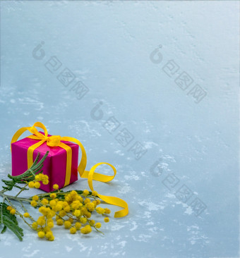 礼物和含羞草分支木背景春天花和礼物盒子黄色的含羞草和红色的包装礼物和含羞草分支木背景春天花和礼物盒子