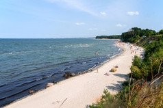 加里宁格勒地区波罗的海海俄罗斯7月桑迪海岸的海松森林的海岸的海人的海滩桑迪海岸的海松森林的海岸的海人的海滩