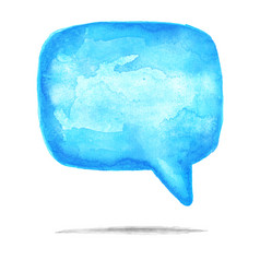 蓝色的广场演讲泡沫图标与水彩油漆纹理孤立的白色背景