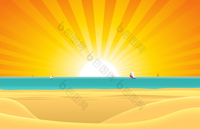 夏天海滩与帆船明信片背景插图夏天阳光明媚的海滩海报背景地平线在水和帆船