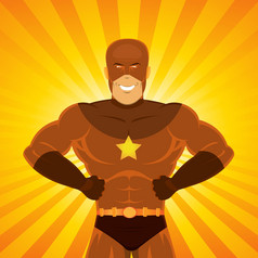 漫画权力超级英雄插图快乐太棒了强大的漫画超级英雄与红色的伪装站自豪地与光爆炸和阳光后面