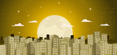 插图黄金卡通大城市与城市景观背景晚上和完整的月亮后面建筑背景金月光
