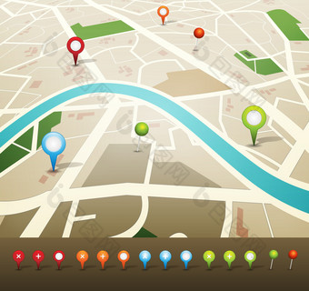 街地图与全球定位系统(gps)针图标插图城市地图与全球定位系统(gps)图标