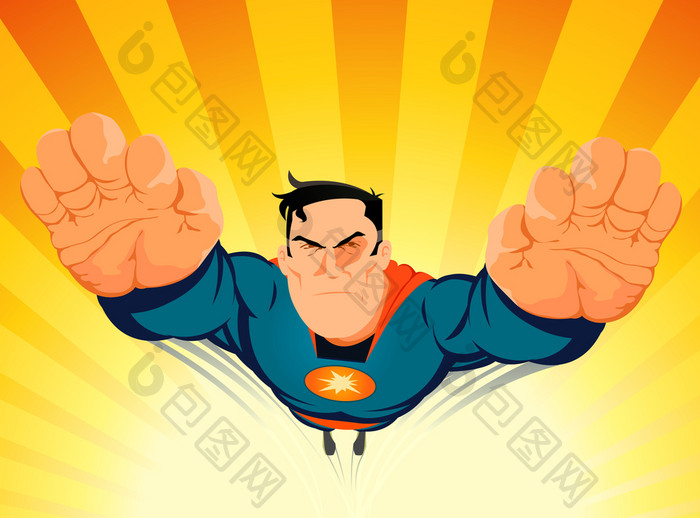 插图卡通强大的蓝色的超级英雄爆破从与阳光背景超级英雄爆破从