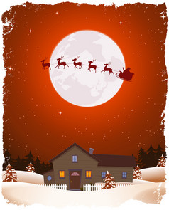 圣诞节红色的景观和飞行圣诞老人插图卡通肖像圣诞节冬天景观与房子雪松树森林和飞行圣诞老人老人雪橇和他的驯鹿的月光