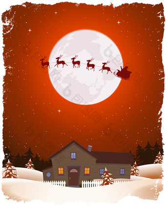 <strong>圣诞</strong>节红色的景观和飞行<strong>圣诞</strong>老人插图<strong>卡通</strong>肖像<strong>圣诞</strong>节冬天景观与房子雪松树森林和飞行<strong>圣诞</strong>老人老人雪橇和他的驯<strong>鹿</strong>的月光