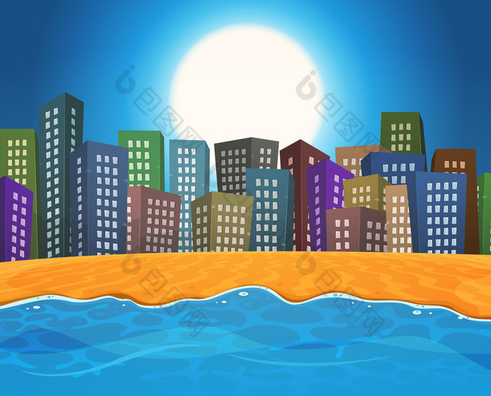 插图卡通夏天季节海洋海滩前面色彩斑斓的城市景观建筑为假期夏天海滩的城市