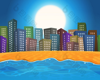 插图卡通夏天季节海洋海滩前面色彩斑斓的城市<strong>景观建筑</strong>为假期夏天海滩的城市