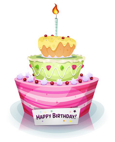 插图卡通开胃的口浇水生日和周年纪念日假期蛋糕与甜蜜的水果和奶油生日蛋糕