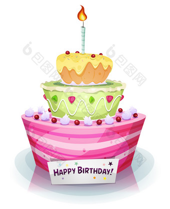 插图卡通开胃的口浇水生日和周年纪念日假期蛋糕与甜蜜的水果和奶油生日蛋糕