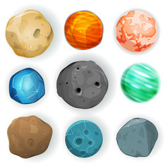 插图集各种各样的行星卫星小行星和地球地球仪孤立的白色为科幻背景和空间游戏漫画行星集