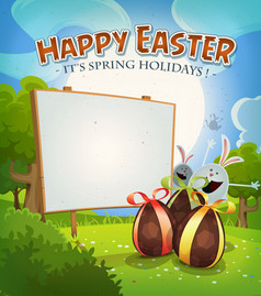 插图卡通快乐复活节假期背景春天夏天季节与巧克力鸡蛋礼物兔子小兔子字符和国家景观春天时间和复活节假期