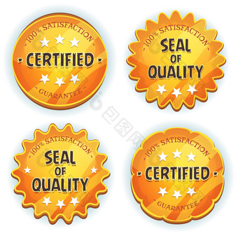 插图集光滑的和明亮的卡通金奖和质量海豹符号为产品广告平板电脑应用程序软件游戏卡通黄金溢价质量海豹
