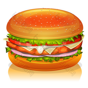 插图开胃的卡通快食物鸡汉堡图标与西红柿红色的洋葱沙拉叶子奶酪酱汁白色肉paned炸牛排和面包面包鸡汉堡图标