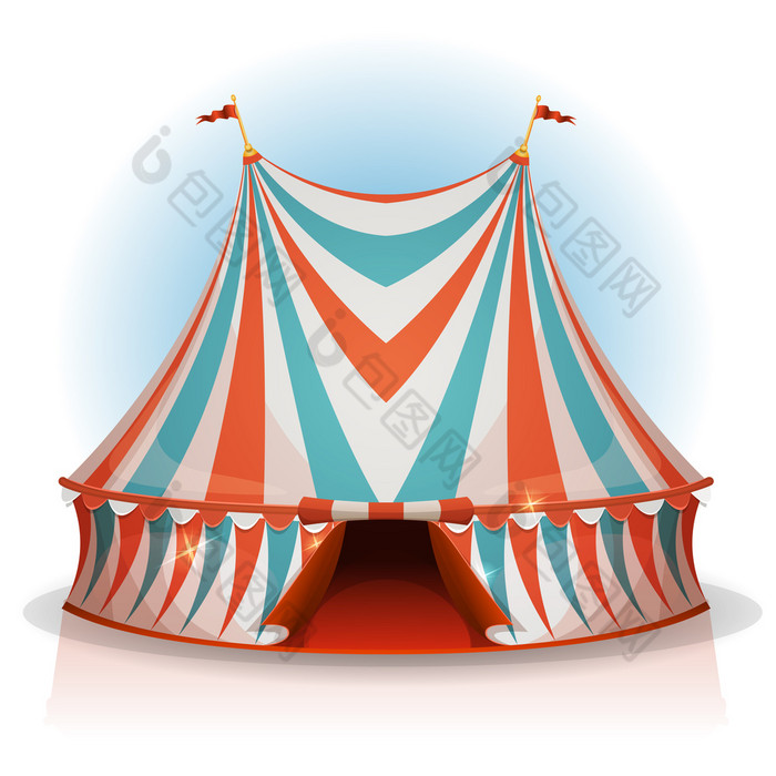 大前马戏团帐篷插图卡通大前马戏团帐篷与红色的蓝色的和白色条纹为游乐场和狂欢节假期孤立的白色