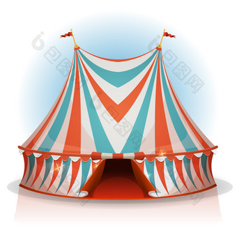 大前<strong>马戏团帐篷</strong>插图卡通大前<strong>马戏团帐篷</strong>与红色的蓝色的和白色条纹为游乐场和狂欢节假期孤立的白色