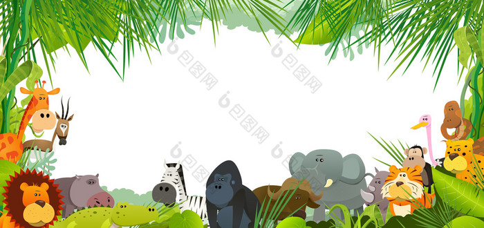 明信片与野生非洲动物插图明信片背景与卡通野生动物从非洲萨凡纳包括狮子大猩猩大象长颈鹿瞪羚和斑马