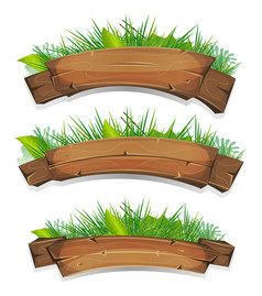 漫画木横幅与植物叶子插图集卡通春天夏天木横幅与绿色叶子为农业和农场密封和证书